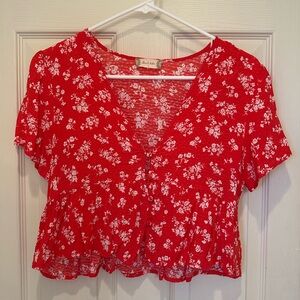Altar’s Stated Red Floral Cropped Shirt